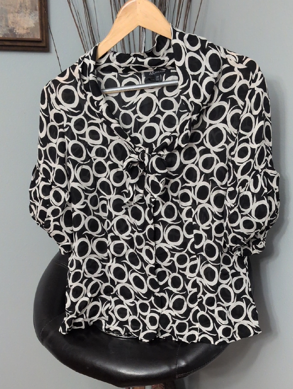 Ann Taylor 100% Silk Black and White Circle-Print Tie-Neck Blouse